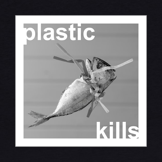 'Plastic kills' typography in a design with a dead fish strangled by plastic straws. by Earthworx
